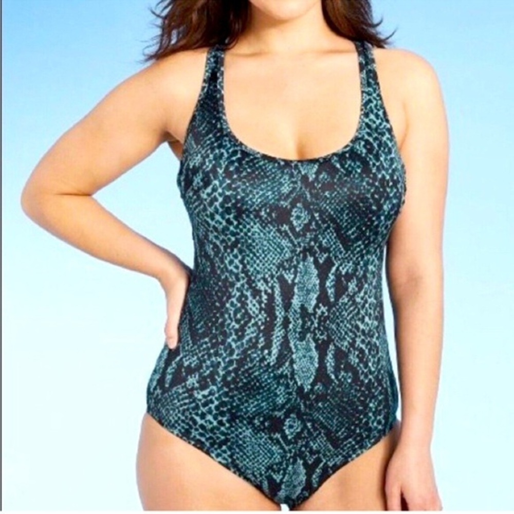 All in Motion Teal and Black One Piece Swimsuit with Snake Print Pattern Size L